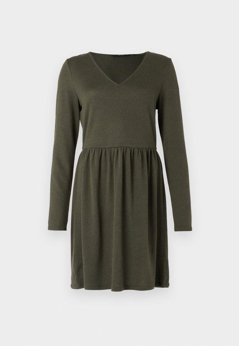 Langärmliges Kleid in Dunkelgrün mit V-Ausschnitt, tailliertem Oberteil und gerafftem Rock für eine lockere, fließende Silhouette.