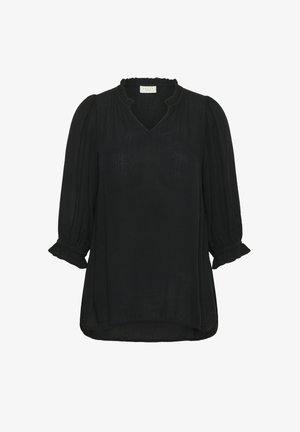 Blusa nera con scollo a V e colletto arricciato. Presenta maniche a sbuffo con polsini elasticizzati. Realizzata in tessuto leggero e leggermente trasparente.