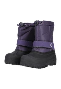 Stivali da neve isolati viola con tomaia imbottita, suola in gomma, cordoncino regolabile e fascia in Velcro per una vestibilità sicura.