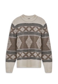 Maglione beige lavorato a maglia con disegni geometrici marroni e grigi, maniche e orlo a coste, scollatura a girocollo. Tessuto medio pesante e strutturato.
