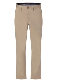 Pantalons en coton beige à coupe droite, avec une fermeture à bouton et une texture subtile. Comprend des poches latérales et une taille à motifs.