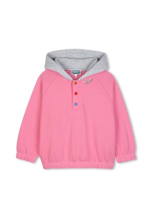 Sweat à capuche rose à manches longues avec capuche grise, trois boutons colorés sur le devant et logo "KENZO" près de l'encolure. Poignets et taille élastiques.