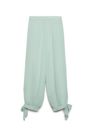 Pantalon vert clair à jambes larges avec poignets élastiqués noués en nœuds, taille froncée et coupe ample et fluide.