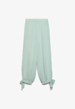 Hellgrüne Weite-Hosen mit elastischen Bündchen, die zu Schleifen gebunden sind, geraffter Taille und lockerem, fließendem Schnitt.