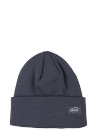 Bonnet tricoté en marine avec un revers, fabriqué à partir de matériau texturé. Présente une petite étiquette logo rectangulaire sur le côté.