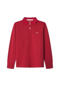 Rotes Langarm-Polohemd aus strukturiertem Stoff, mit einem Kragen, einer Knopfleiste mit drei Knöpfen und einem kleinen gestickten Logo auf der Brust.