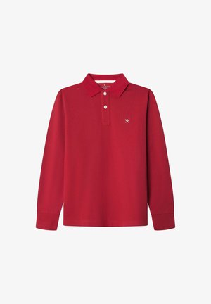 Crvena dugougačka polo majica izrađena od teksturirane tkanine, s kragnom, placketom na tri dugmeta i malim izvezenim logom na prsima.
