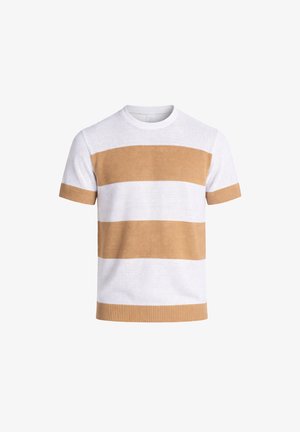 Pletené tričko s krátkym rukávom so širokými horizontálnymi béžovými a bielymi pruhmi a okrúhlym výstrihom.