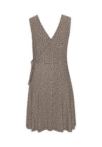 Ärmelloses braunes Wickelkleid mit einem weißen abstrakten, verstreuten Muster und seitlichem Bindeband, knielang mit schwingendem Rock.