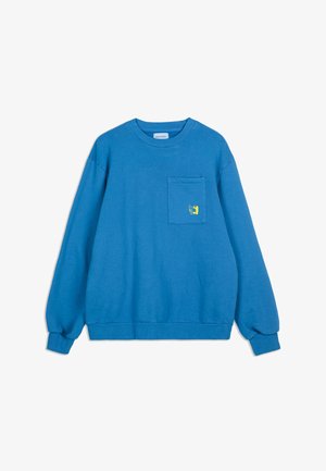 Felpa blu a maniche lunghe con tasca sul petto che presenta un piccolo design astratto giallo. Polsini e orlo a coste.