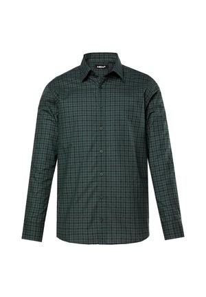 Langärmliges Hemd mit Knopfverschluss aus dunkelgrünem Stoff mit Karomuster. Es hat einen klassischen Kragen und sechs schwarze Knöpfe auf der Vorderseite.
