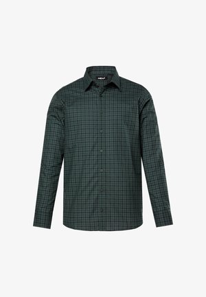 Langärmliges Hemd mit Knopfverschluss aus dunkelgrünem Stoff mit Karomuster. Es hat einen klassischen Kragen und sechs schwarze Knöpfe auf der Vorderseite.