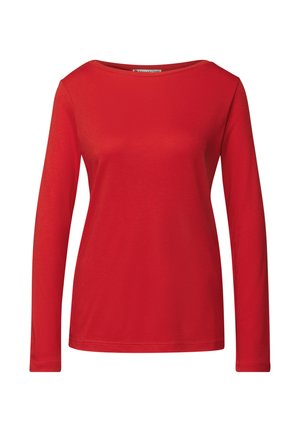 Rode langemouwen T-shirt gemaakt van zachte stof, met een bootkraag en een aansluitende pasvorm. Geen patronen of opvallende hardware.