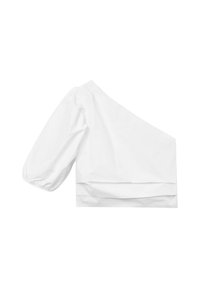 Top bianco a spalla unica con manica a sbuffo. Realizzato in tessuto morbido, presenta un taglio cropped e un dettaglio di cucitura orizzontale all'orlo.