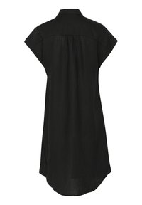 Abito nero a maniche corte con colletto, caratterizzato da un dettaglio arricciato sul retro e un orlo leggermente curvo. Realizzato in tessuto leggero.