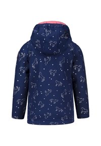 Navy blue jacket with a hood, featuring white horse outlines and heart patterns. Soft texture with a contrasting pink inner lining.