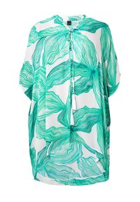 Leichter, weißer Kaftan mit großen, grün gewellten Blättern. V-Ausschnitt mit Bindeschluss und Quastenakzenten. Kurze Ärmel und lockere Passform.