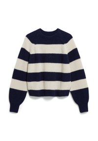 Pull rayé bleu marine et crème. Tissu en tricot avec un col rond, des manches longues et une longueur cropped. Rayures horizontales texturées.