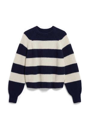 Striped sweater in navy blue and cream. Knit fabric with a round neckline, long sleeves, and a cropped hem. Textured horizontal stripes.
