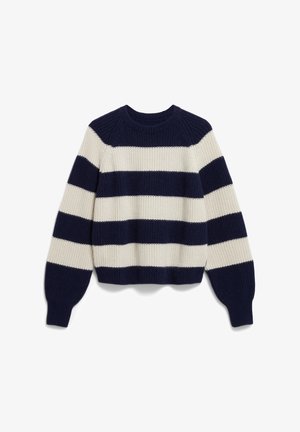 Gestreepte trui in marineblauw en crème. Gebreide stof met een ronde halslijn, lange mouwen en een cropped zoom. Geweven horizontale strepen.