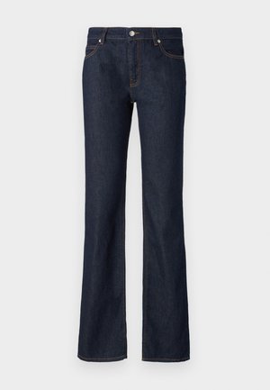 Mörkblå denimjeans med utsvängd passform, femfickorsdesign och kontrasterande orange sömmar längs sömmarna och fickorna.