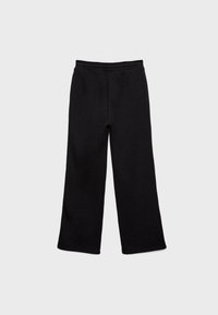 Pantalon noir à jambes larges avec taille élastique, présenté à plat sur un fond gris clair.