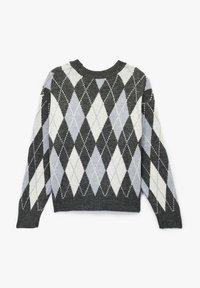 Sweter w wzór argyle w odcieniach szarości, bieli i jasnoniebieskiego. Dzianinowa struktura z okrągłym dekoltem i długimi rękawami.
