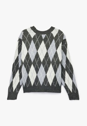 Argyle-Muster-Pullover in Grautönen, Weiß und Hellblau. Stricktextur mit Rundhalsausschnitt und langen Ärmeln.