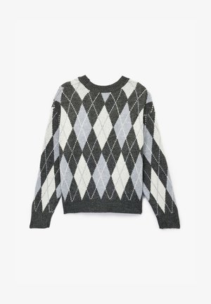 Argyle-Muster-Pullover in Grautönen, Weiß und Hellblau. Stricktextur mit Rundhalsausschnitt und langen Ärmeln.