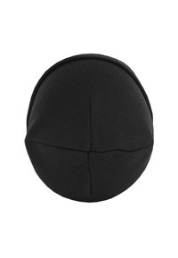 Black knit beanie hat with a rounded shape. Features a ribbed texture and no visible logos or patterns. Seam at the top center.