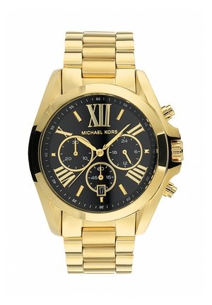 Orologio da polso Michael Kors in tono oro con quadrante nero, numeri romani, tre sottocronografi, finestra data alle 6 e bracciale in metallo a maglie.