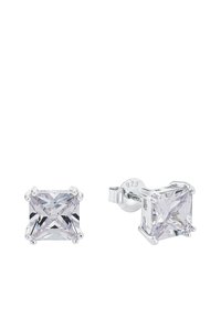 Torgärda klara stenset genomskinliga örhängen i silver med 925-stämpel på bakstyckena, visade mot en vit bakgrund.