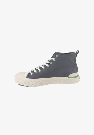 High-top sneaker in gray canvas with white rubber toe cap and sole; features green accent on the back and flat white laces.