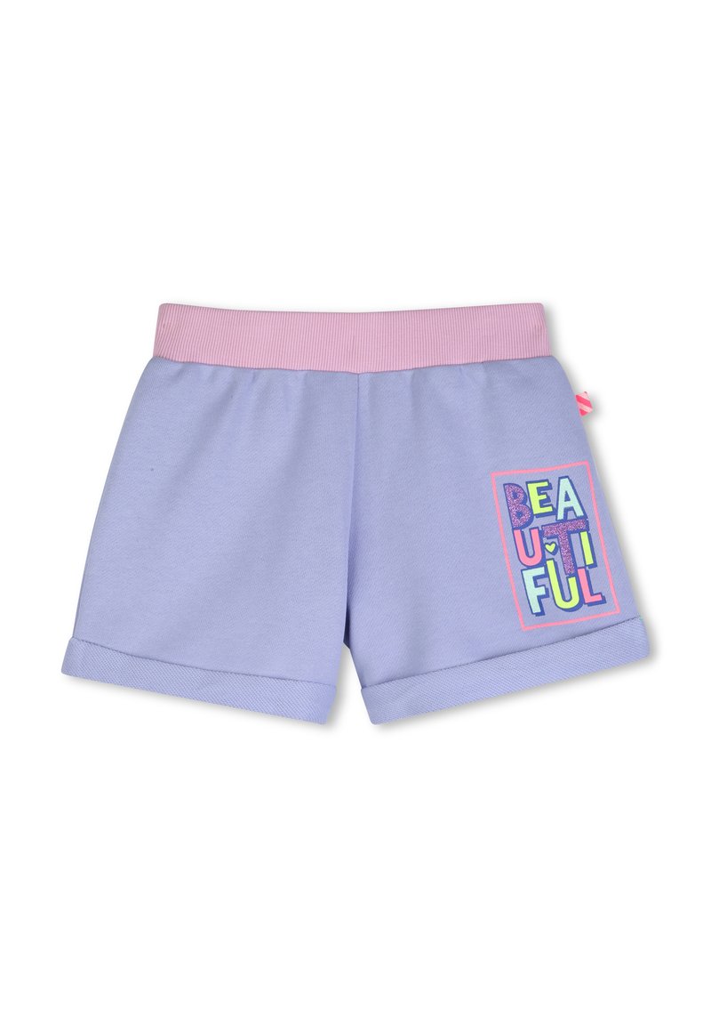 Shorts lavanda per bambini con elastico rosa in vita e grafica colorata con la scritta "BEAUTIFUL" sulla gamba destra.