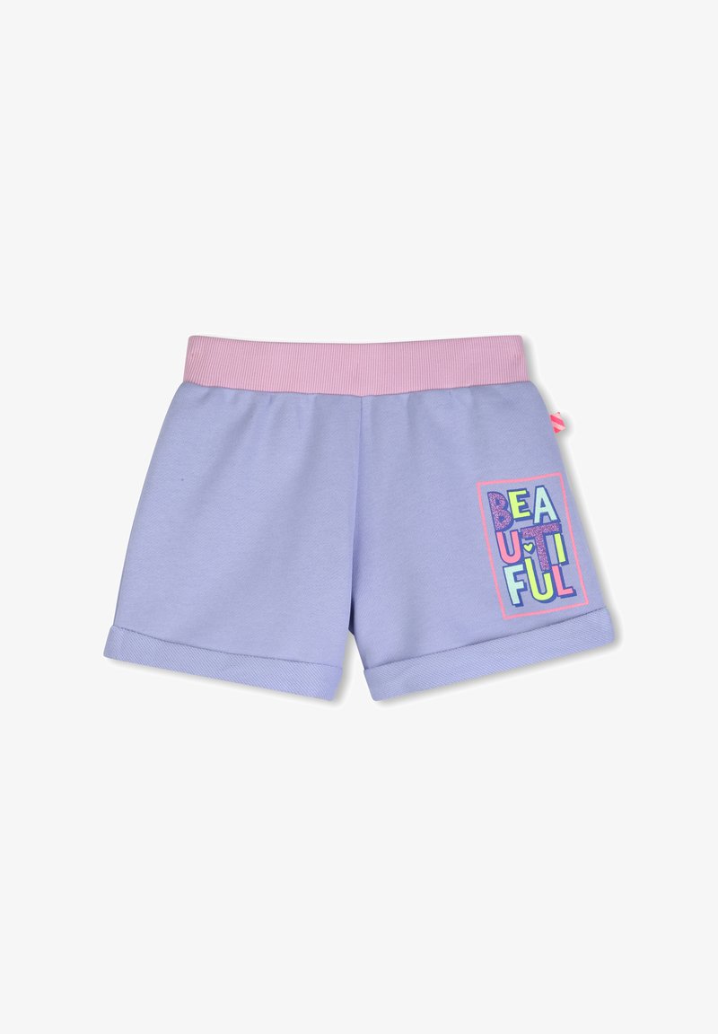 Shorts lavanda per bambini con elastico rosa in vita e grafica colorata con la scritta "BEAUTIFUL" sulla gamba destra.