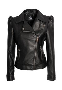 Giacca da moto in pelle nera con un design aderente, ampi rever e zip in argento. Presenta spalle imbottite e tasche laterali con zip.
