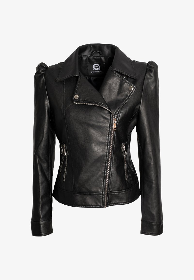 Giacca da moto in pelle nera con un design aderente, ampi rever e zip in argento. Presenta spalle imbottite e tasche laterali con zip.