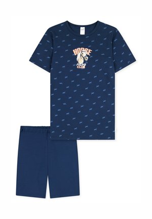 Marineblå bomulds pyjamas sæt med kortærmet skjorte med lyseblåt heste mønster og grafik, parret med knælange shorts.