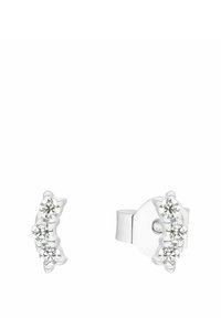 Pendientes de plata con tres cristales redondos transparentes dispuestos en una línea curva, con un respaldo liso y pulido y un cierre seguro.