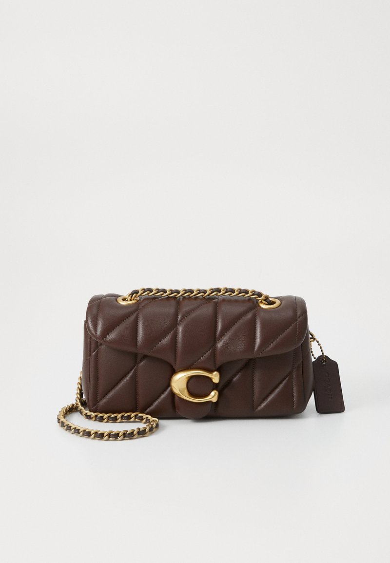Quilted brown leather handbag with a gold chain strap, gold hardware accents, and a prominent clasp. Features a textured pattern.