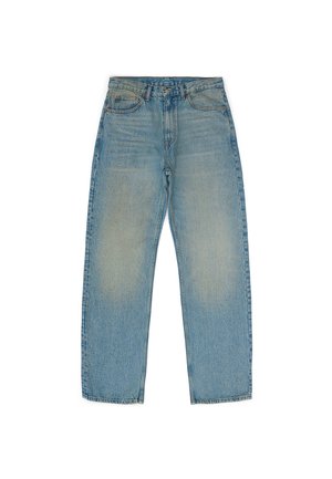Jeans a gamba dritta di colore azzurro chiaro realizzati in denim, con una texture sbiadita e un lavaggio medio, cinque tasche e una chiusura con zip.