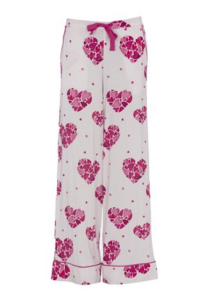 Lichte pyjamapantalons in crème met een roze hartpatroon. Voorzien van een trekkoord in de taille en een ontspannen, wijdbenig ontwerp.