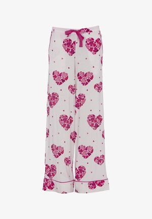 Lekkie spodnie piżamowe w kremowym kolorze z różowym wzorem serc. Posiadają elastyczny pas ze sznurkiem i luźny, szeroki krój nogawek.
