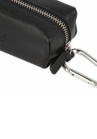 Black leather zippered pouch with a silver zipper, rectangular shape, and a metal carabiner attached. Soft, textured finish.
