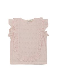 Ljusrosa blus med kort ärm, broderad blommönster, volangärmar och en nyckelhålsöppning bak. Lättviktig tyg.