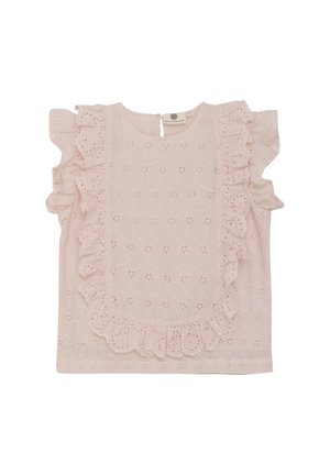 Helles rosa Bluse mit kurzen Ärmeln, besticktem Blumenmuster, Rüschendetails und einem Schlüssellochverschluss im Rücken. Leichter Stoff.