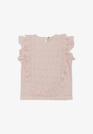 Jasnoróżowa bluzka z krótkim rękawem, haftowanym wzorem kwiatowym, falbaniastymi rękawami i zapięciem na plecach w kształcie łezki. Lekki materiał.