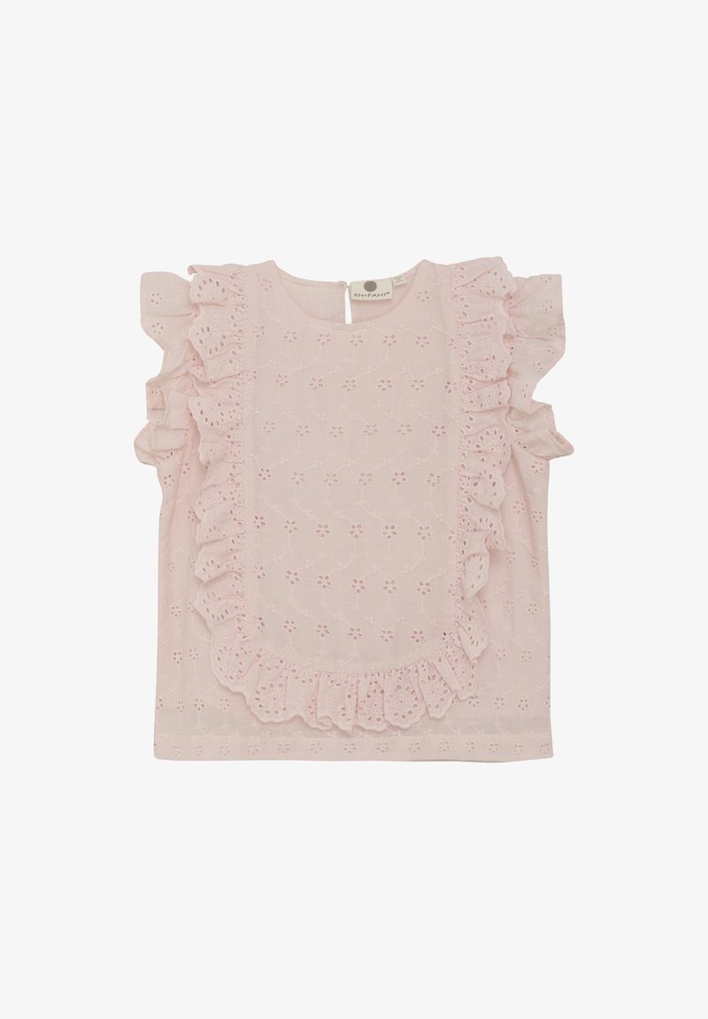 Jasnoróżowa bluzka z krótkim rękawem, haftowanym wzorem kwiatowym, falbaniastymi rękawami i zapięciem na plecach w kształcie łezki. Lekki materiał.