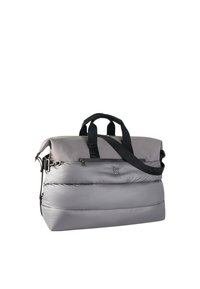 Gray padded duffel bag with dual top handles, adjustable shoulder strap, zip closure, and embossed logo detail on the front.