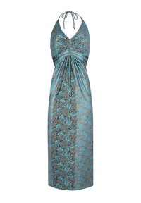 Maxi-Kleid in einem türkis- und braunblühenden Muster, mit Halter-neck, gerafftem Oberteil und leichtem, glattem Stoff.